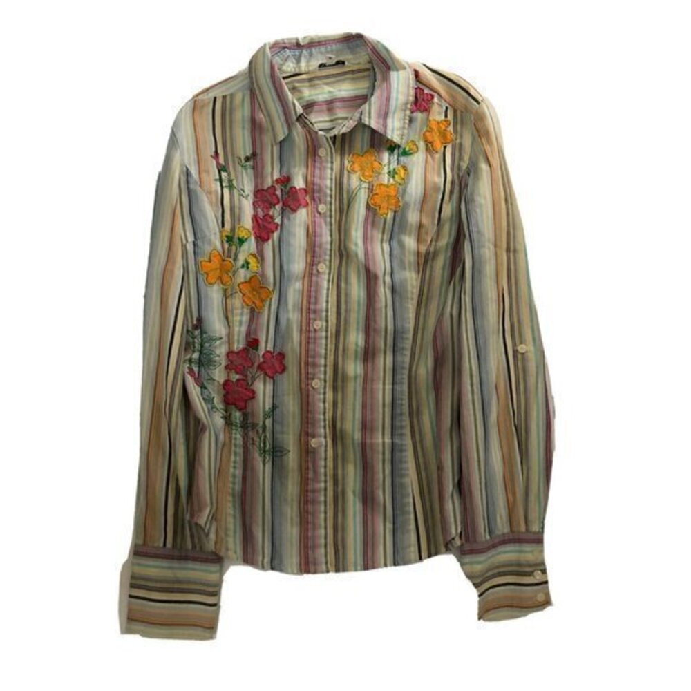 Pepe Jeans Womens Junior Meduim Button Shirt 100% Cotton Striped Floral patched